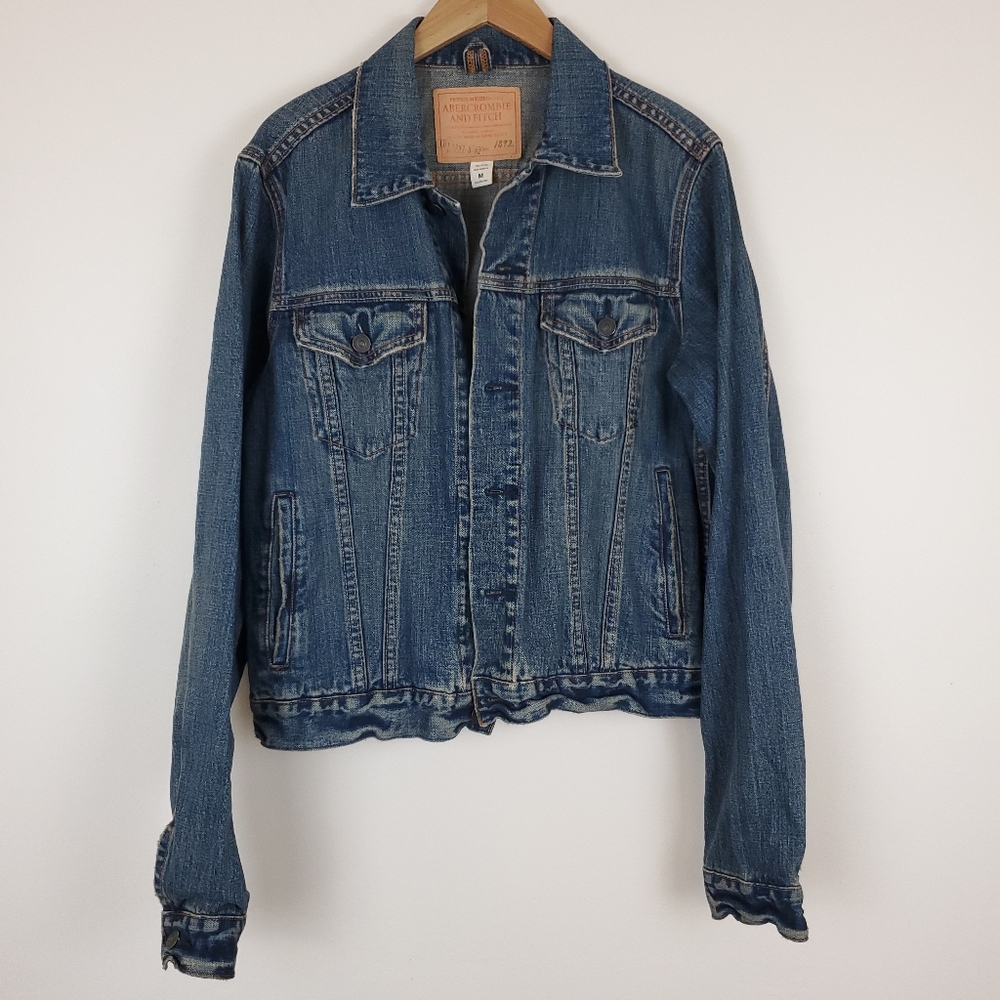 Y2K Abercrombie & Fitch Distressed Light Wash Blue Denim Trucker Jacket